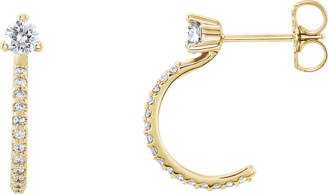 14K Gold Round Natural Diamond Accented J-Hoop Earrings – 3mm Stones - Yellow Gold