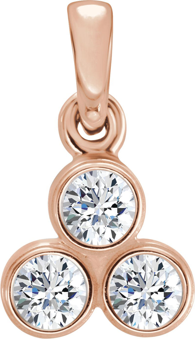 14K Gold Round Natural Diamond Three-Stone Pendant – up to 1/10 CTW - Rose Gold