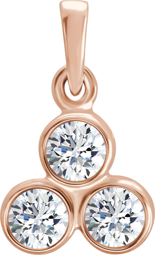 14K Gold Round Natural Diamond Three-Stone Pendant – up to 1/10 CTW - Rose Gold