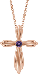 14K Gold Round Natural Amethyst Bezel-Set Cross Necklace or Pendant - Rose Gold