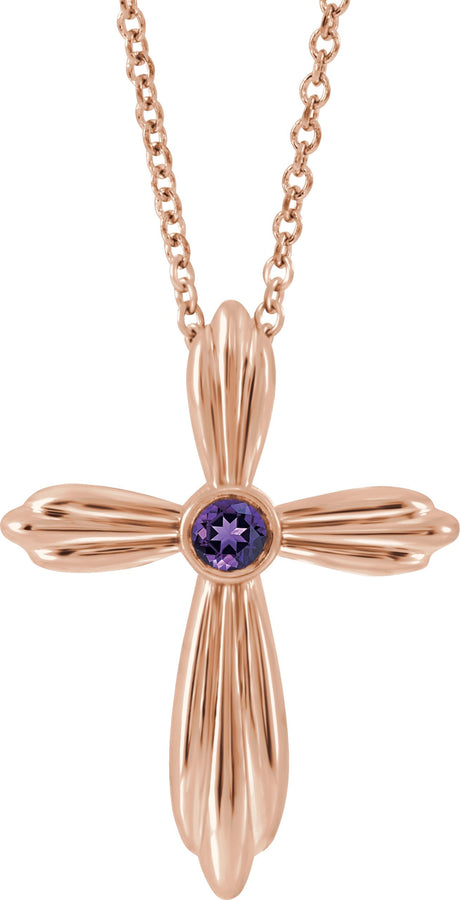14K Gold Round Natural Amethyst Bezel-Set Cross Necklace or Pendant - Rose Gold