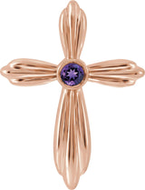 14K Gold Round Natural Amethyst Bezel-Set Cross Necklace or Pendant - Rose Gold