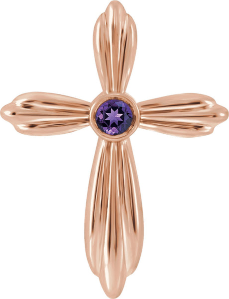 14K Gold Round Natural Amethyst Bezel-Set Cross Necklace or Pendant - Rose Gold