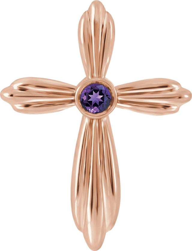 14K Gold Round Natural Amethyst Bezel-Set Cross Necklace or Pendant - Rose Gold