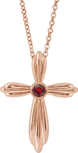 14K Gold Round Natural Mozambique Garnet Bezel-Set Cross Necklace or Pendant - Rose Gold