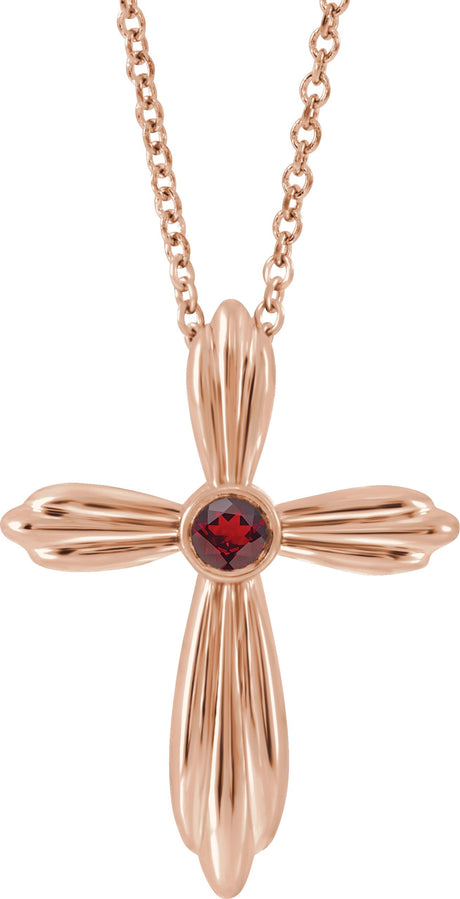 14K Gold Round Natural Mozambique Garnet Bezel-Set Cross Necklace or Pendant - Rose Gold