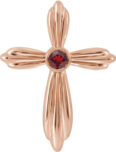 14K Gold Round Natural Mozambique Garnet Bezel-Set Cross Necklace or Pendant - Rose Gold