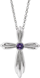 14K Gold Round Natural Amethyst Bezel-Set Cross Necklace or Pendant - White Gold