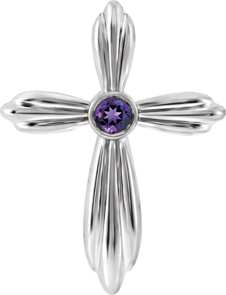 14K Gold Round Natural Amethyst Bezel-Set Cross Necklace or Pendant - White Gold