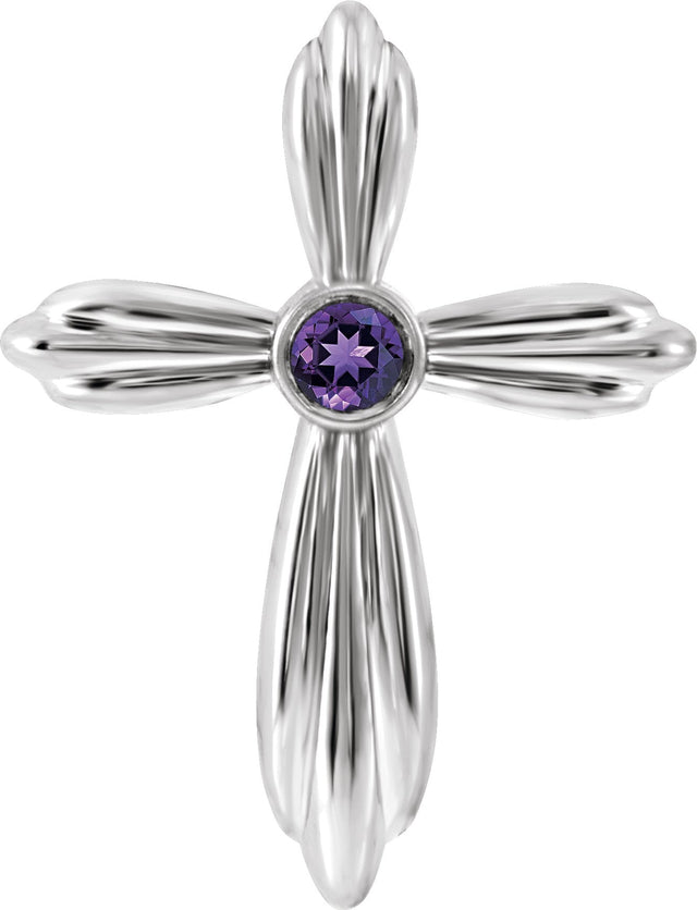 14K Gold Round Natural Amethyst Bezel-Set Cross Necklace or Pendant - White Gold