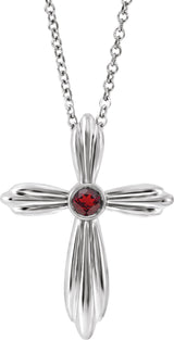 14K Gold Round Natural Mozambique Garnet Bezel-Set Cross Necklace or Pendant - White Gold