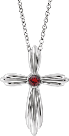 Platinum Round Natural Mozambique Garnet Bezel-Set Cross Necklace or Pendant