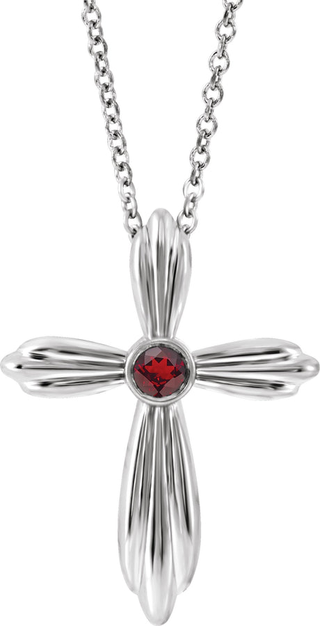 Platinum Round Natural Mozambique Garnet Bezel-Set Cross Necklace or Pendant