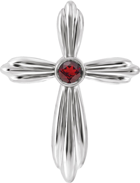 Platinum Round Natural Mozambique Garnet Bezel-Set Cross Necklace or Pendant
