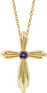 14K Gold Round Natural Amethyst Bezel-Set Cross Necklace or Pendant - Yellow Gold