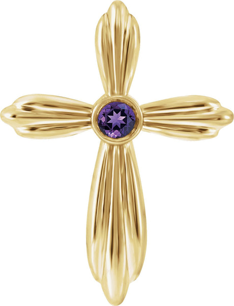 14K Gold Round Natural Amethyst Bezel-Set Cross Necklace or Pendant - Yellow Gold