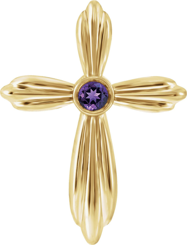 14K Gold Round Natural Amethyst Bezel-Set Cross Necklace or Pendant - Yellow Gold