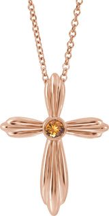 14K Gold Round Natural Citrine Bezel-Set Cross Necklace or Pendant - Rose Gold