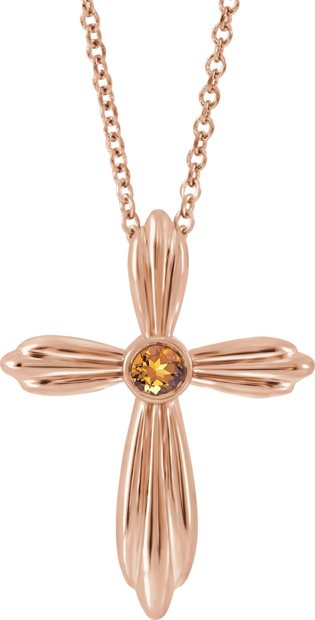 14K Gold Round Natural Citrine Bezel-Set Cross Necklace or Pendant - Rose Gold