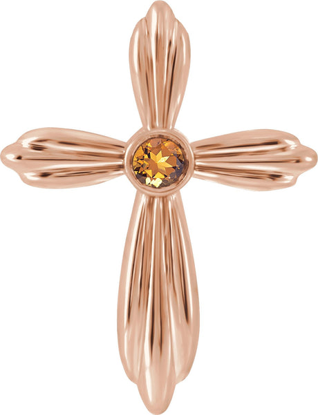14K Gold Round Natural Citrine Bezel-Set Cross Necklace or Pendant - Rose Gold
