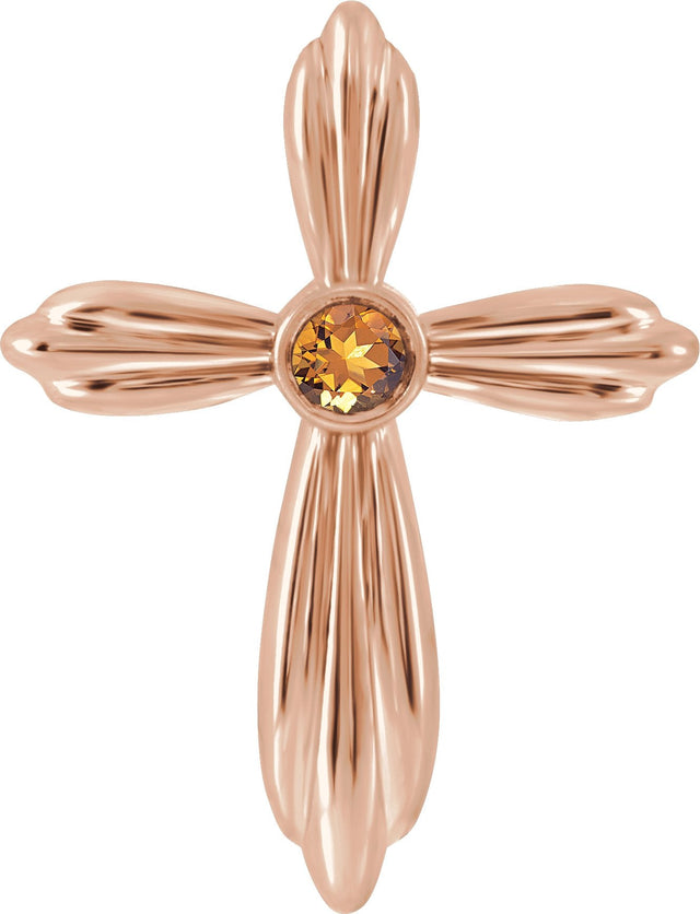 14K Gold Round Natural Citrine Bezel-Set Cross Necklace or Pendant - Rose Gold