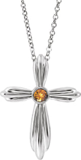 Platinum Round Natural Citrine Bezel-Set Cross Necklace or Pendant