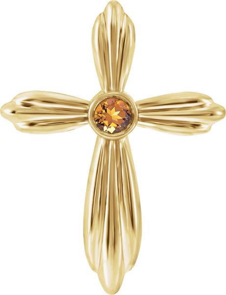 14K Gold Round Natural Citrine Bezel-Set Cross Necklace or Pendant - Yellow Gold