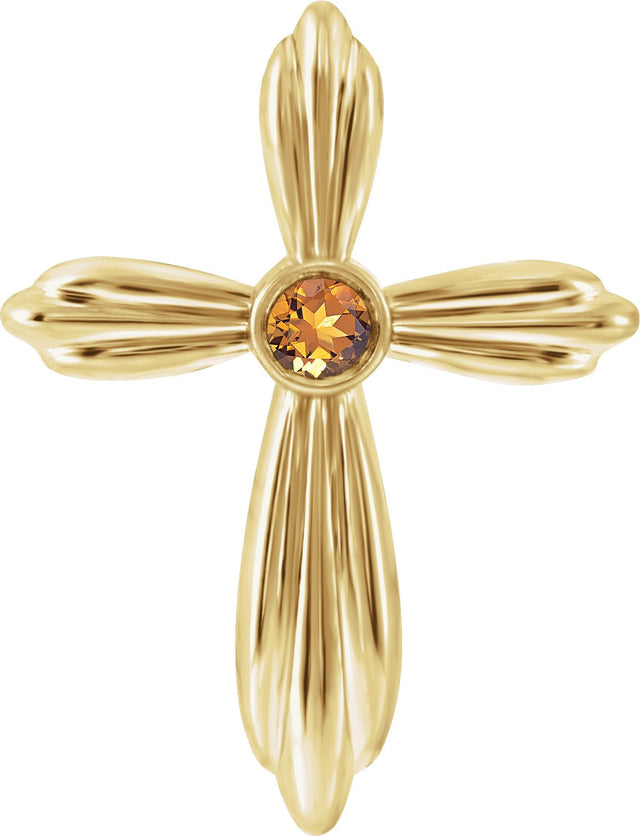 14K Gold Round Natural Citrine Bezel-Set Cross Necklace or Pendant - Yellow Gold