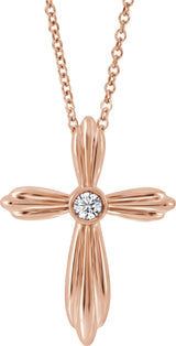 14K Gold Round Natural Diamond Bezel-Set Cross Necklace or Pendant - Rose Gold