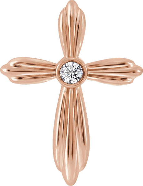 14K Gold Round Natural Diamond Bezel-Set Cross Necklace or Pendant - Rose Gold