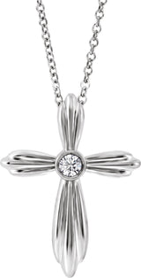 14K Gold Round Natural Diamond Bezel-Set Cross Necklace or Pendant - White Gold