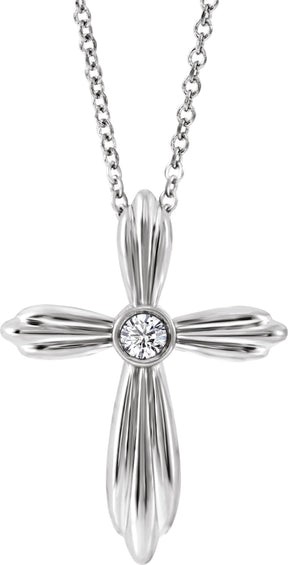 14K Gold Round Natural Diamond Bezel-Set Cross Necklace or Pendant - White Gold