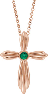 14K Gold Round Natural Emerald Bezel-Set Cross Necklace or Pendant - Rose Gold