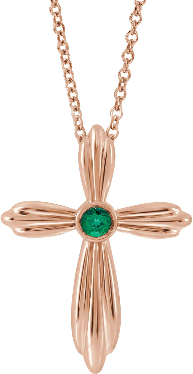 14K Gold Round Natural Emerald Bezel-Set Cross Necklace or Pendant - Rose Gold
