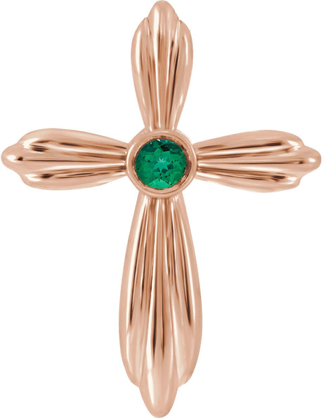 14K Gold Round Lab-Grown Emerald Bezel-Set Cross Necklace or Pendant - Rose Gold