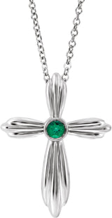 Platinum Round Natural Emerald Bezel-Set Cross Necklace or Pendant