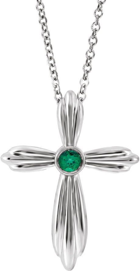Platinum Round Natural Emerald Bezel-Set Cross Necklace or Pendant