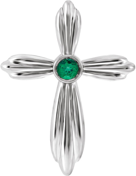 Platinum Round Lab-Grown Emerald Bezel-Set Cross Necklace or Pendant