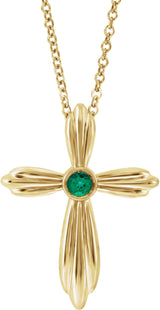 14K Gold Round Natural Emerald Bezel-Set Cross Necklace or Pendant - Yellow Gold