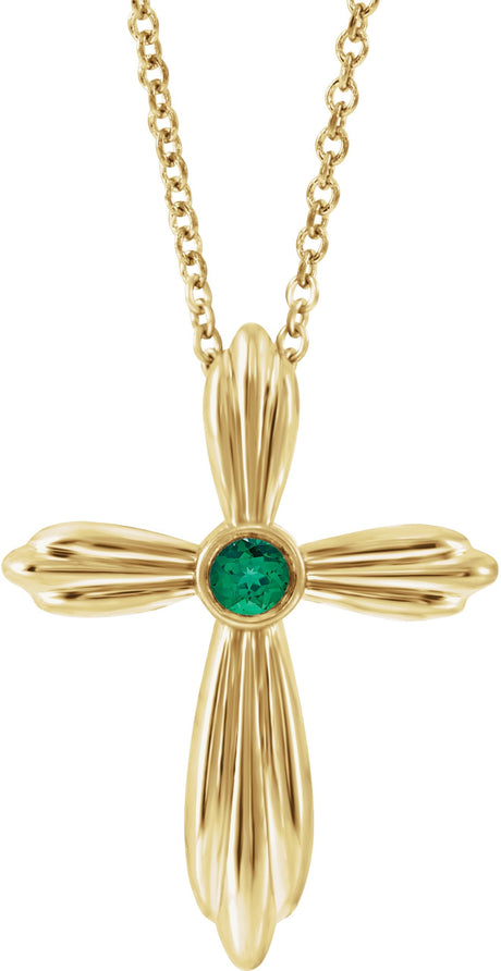 14K Gold Round Natural Emerald Bezel-Set Cross Necklace or Pendant - Yellow Gold