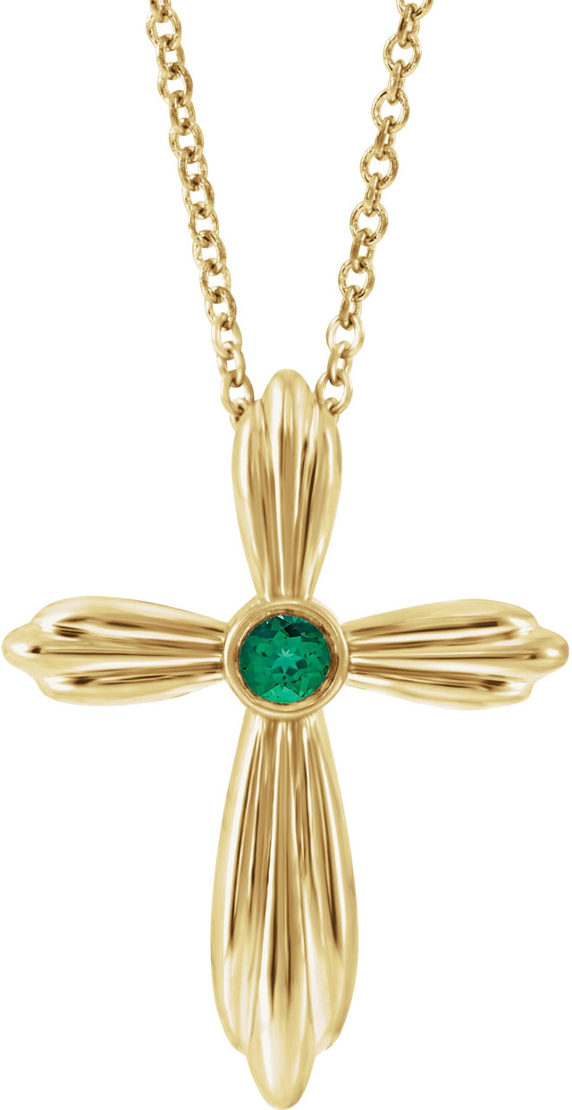 14K Gold Round Natural Emerald Bezel-Set Cross Necklace or Pendant - Yellow Gold