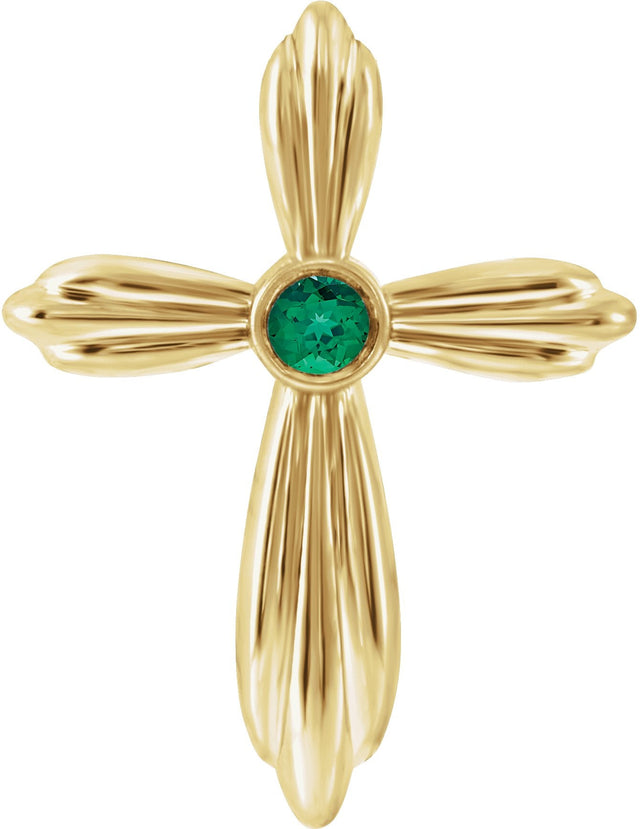 14K Gold Round Natural Emerald Bezel-Set Cross Necklace or Pendant - Yellow Gold