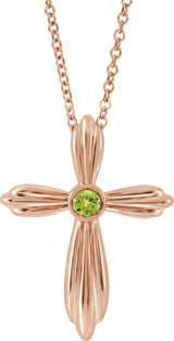14K Gold Round Natural Peridot Bezel-Set Cross Necklace or Pendant - Rose Gold