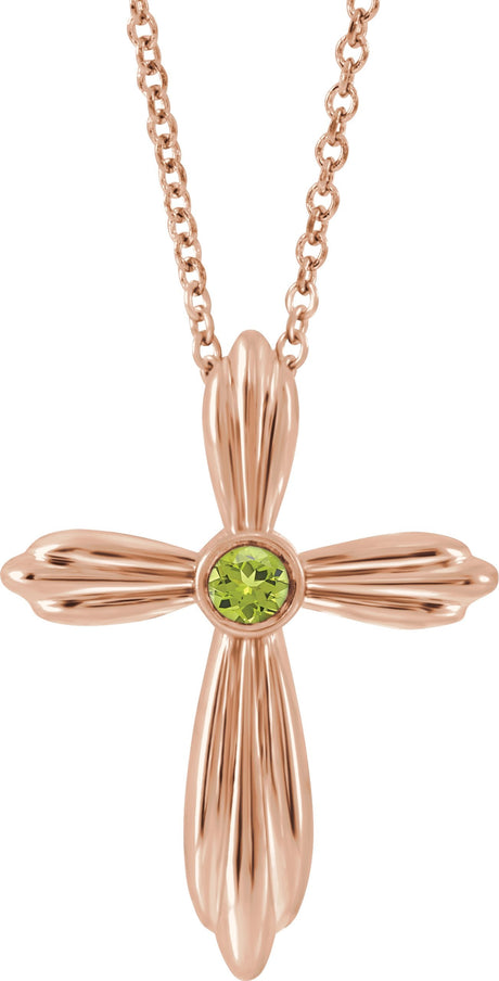14K Gold Round Natural Peridot Bezel-Set Cross Necklace or Pendant - Rose Gold