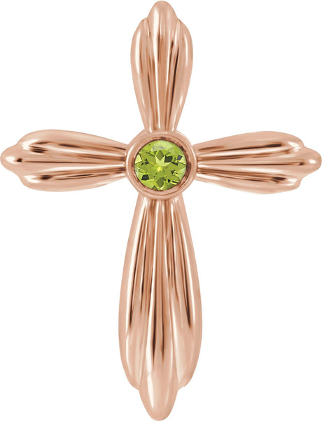 14K Gold Round Natural Peridot Bezel-Set Cross Necklace or Pendant - Rose Gold