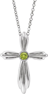 14K Gold Round Natural Peridot Bezel-Set Cross Necklace or Pendant - White Gold