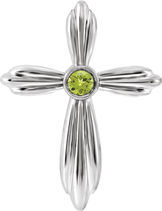 14K Gold Round Natural Peridot Bezel-Set Cross Necklace or Pendant - White Gold