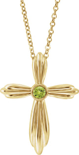 14K Gold Round Natural Peridot Bezel-Set Cross Necklace or Pendant - Yellow Gold