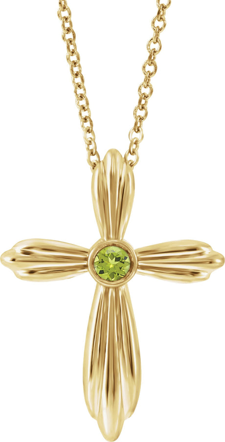 14K Gold Round Natural Peridot Bezel-Set Cross Necklace or Pendant - Yellow Gold