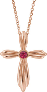 14K Gold Round Natural Ruby Bezel-Set Cross Necklace or Pendant - Rose Gold